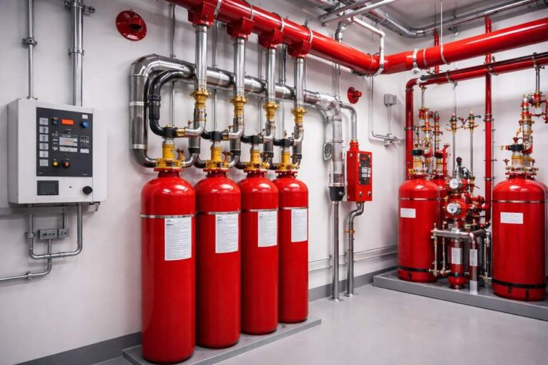 Automatic fire suppression system with gas cylinders and control panel